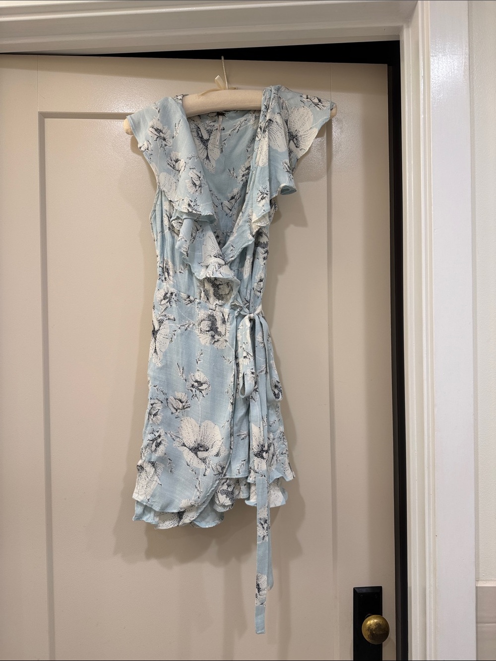 Free People French Quarter Light Blue Floral Ruffle Wrap Mini Dress - Picture 3 of 5